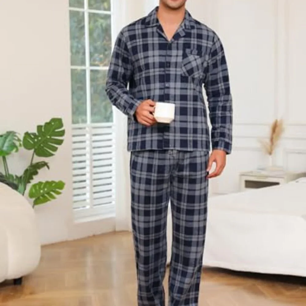 Men's Cotton Flannel Pajama Set Classic Plaid Button Front Sleepwear Lounge